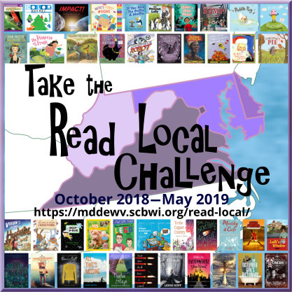 map of the Maryland, Delaware, Virginia, West Virginia, Washington DC region, with multiple children's literature book coveers and the bold text, Take the Read Local Challenge!